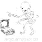 A skeleton is playing an old record player.