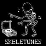 Skeleton dancing to record player music.