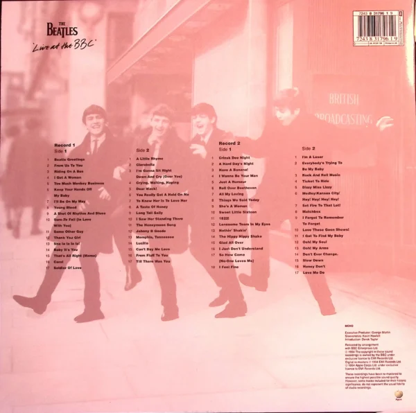 A pink and white back cover of the beatles album