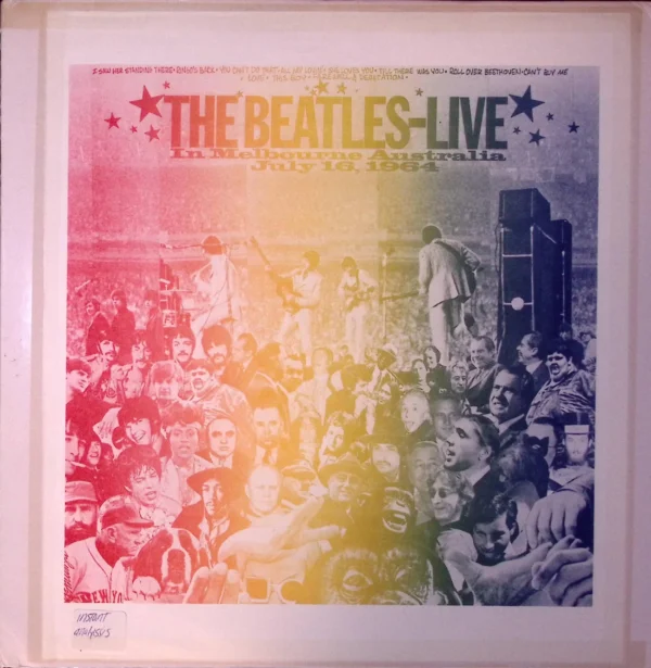 A poster of the beatles in front of a crowd.