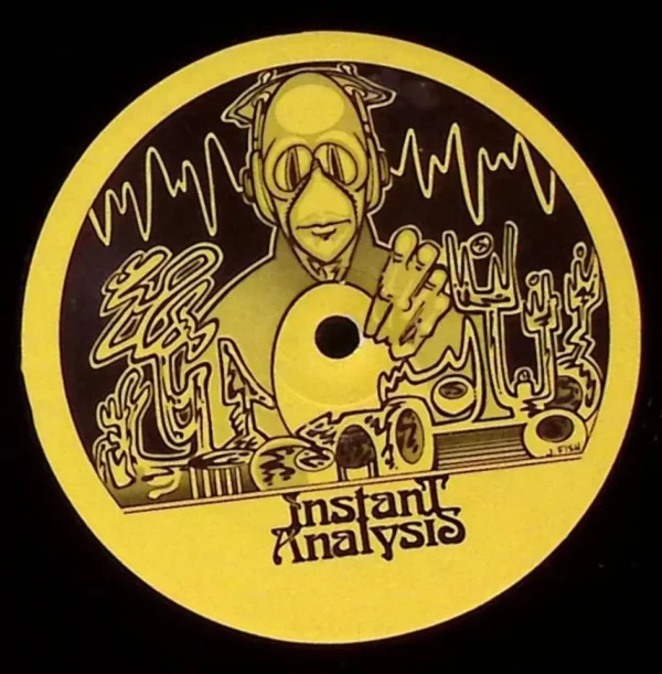 A yellow and black image of a person with headphones.