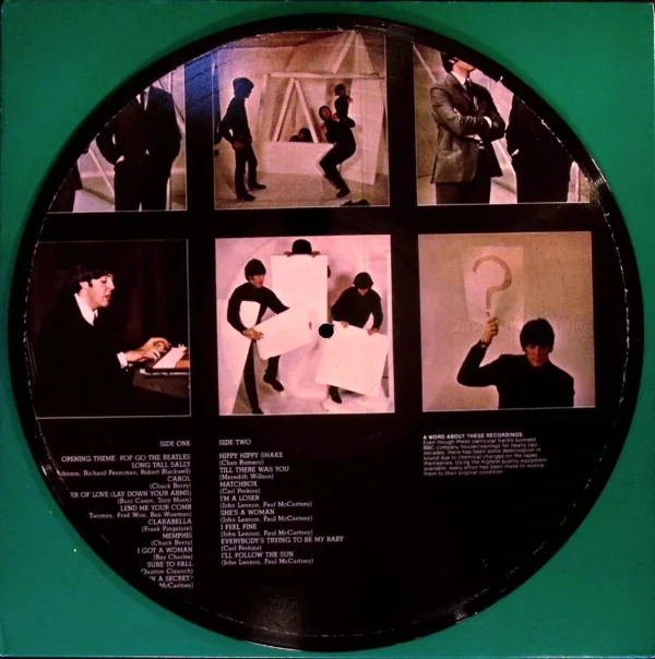 A round picture of several different pictures on the back.