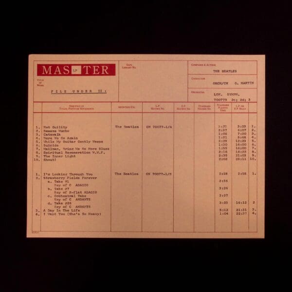 The Beatles LP master track list.