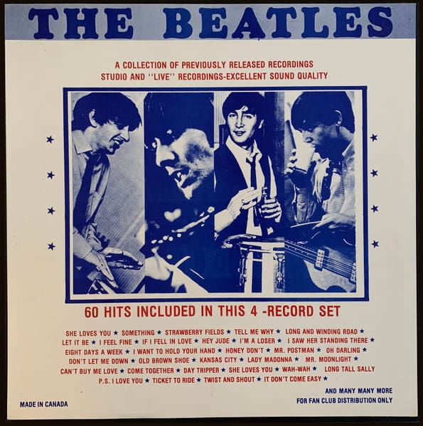 A blue and white poster of the beatles