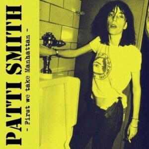 Singer in bathroom with bold text overlay.