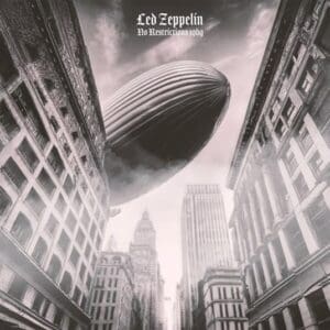 Airship over city buildings, Led Zeppelin poster.