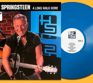 Blue vinyl record with album cover displayed.
