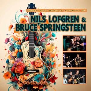 Guitar with floral design and musicians performing.