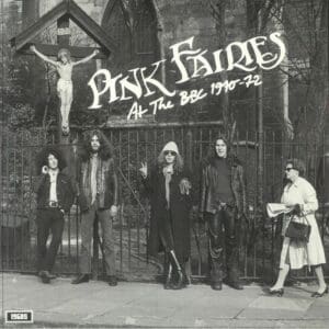 Pink Fairies band posing near church gate.