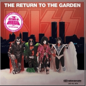 KISS band in costume with city backdrop.