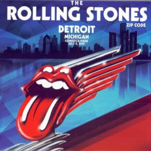 The Rolling Stones tour poster featuring iconic tongue logo with wings in a cityscape at night.