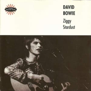 David Bowie playing guitar on Ziggy Stardust album cover.