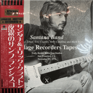 Black and white photo of a man playing electric guitar, text overlay about Santana Band.