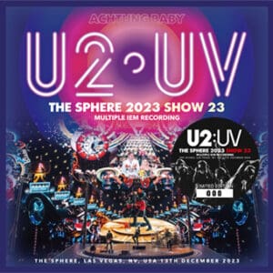U2 performing live at The Sphere in 2023 with dazzling lights and a large audience.