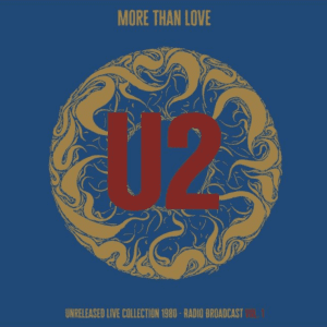 Album cover for U2's 'More Than Love' with intricate gold design on blue.