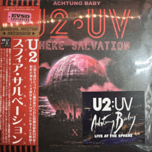U2 album cover featuring a glowing globe and neon text.